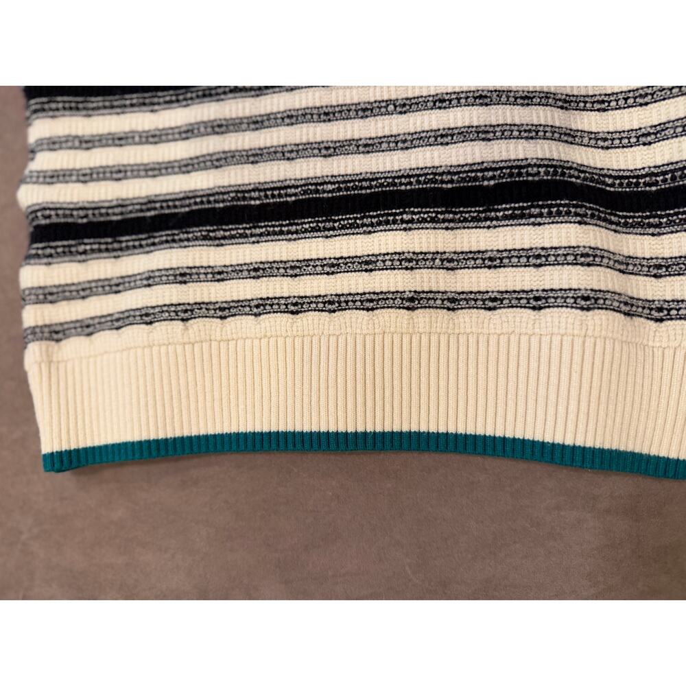 Maeve Anthropologie Striped Knit Polo Cardigan Sweater Black Cream Green Trim - Picture 7 of 9